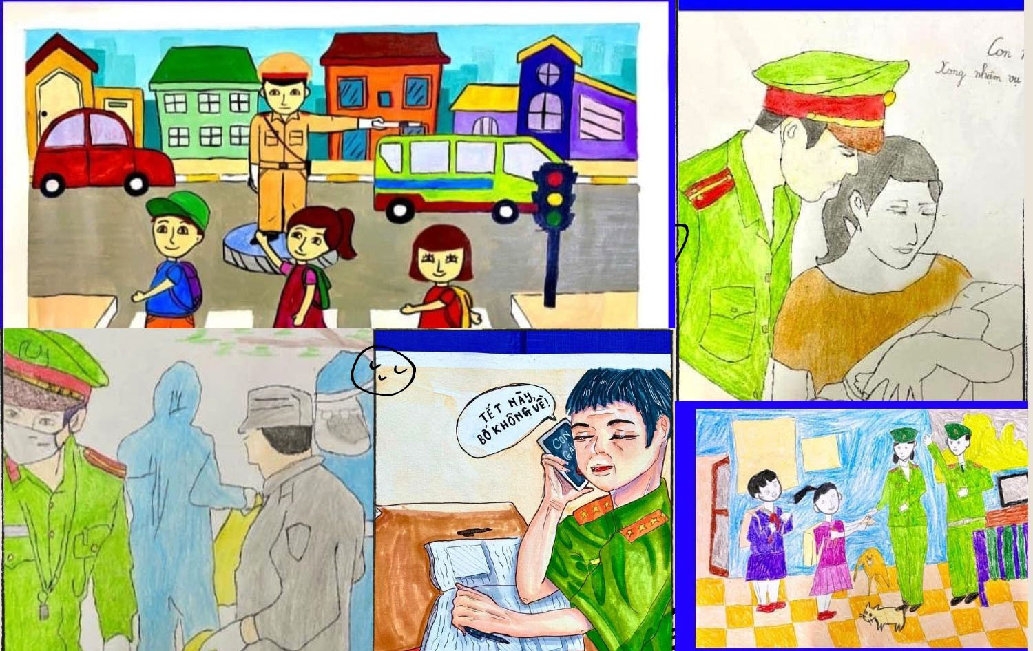 Một số tác phẩm dự thi của các em học sinh về bố, mẹ và gia đình.