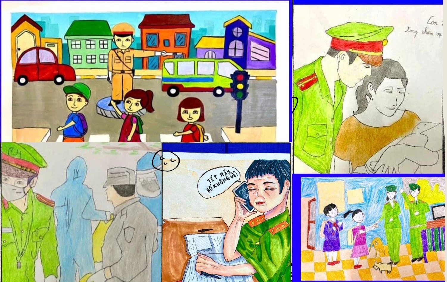 Một số tác phẩm dự thi của các em học sinh về bố, mẹ và gia đình.