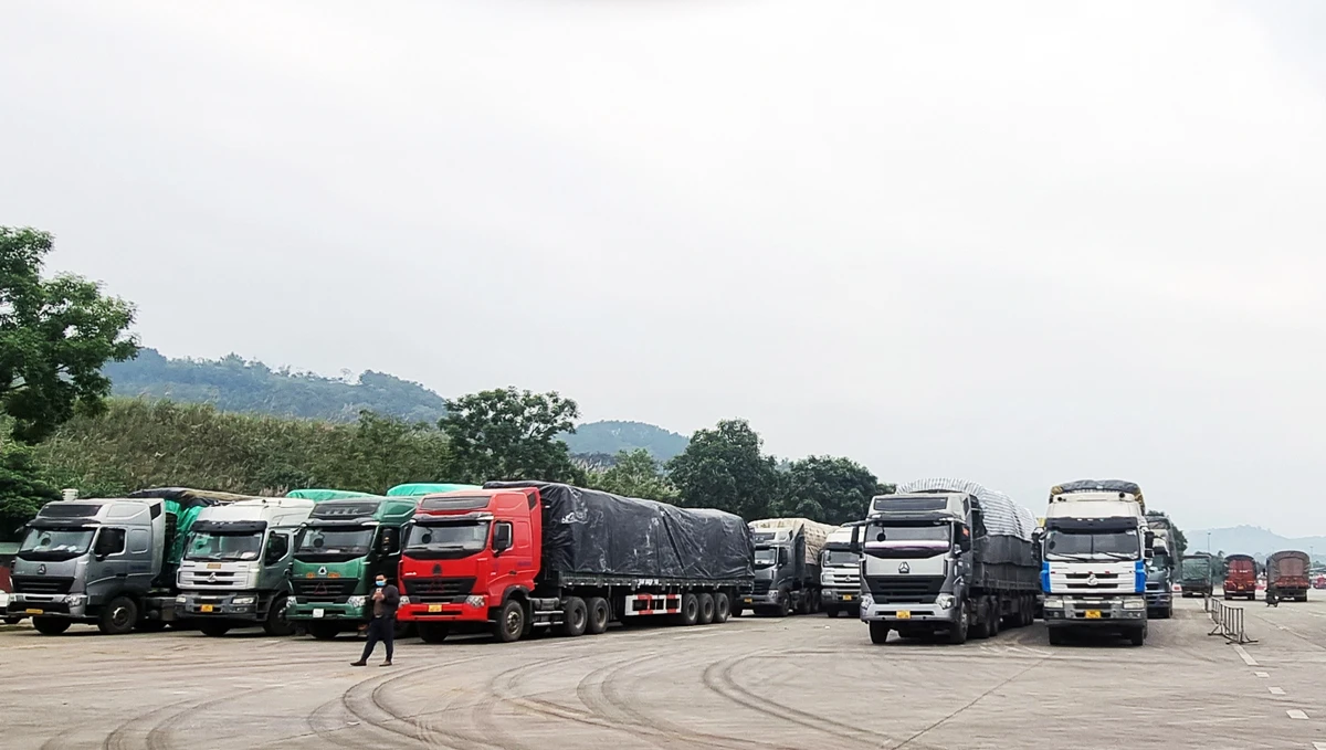 Các phương tiện chờ làm thủ tục thông quan qua Cửa khẩu Quốc tế đường bộ số II Kim Thành.
