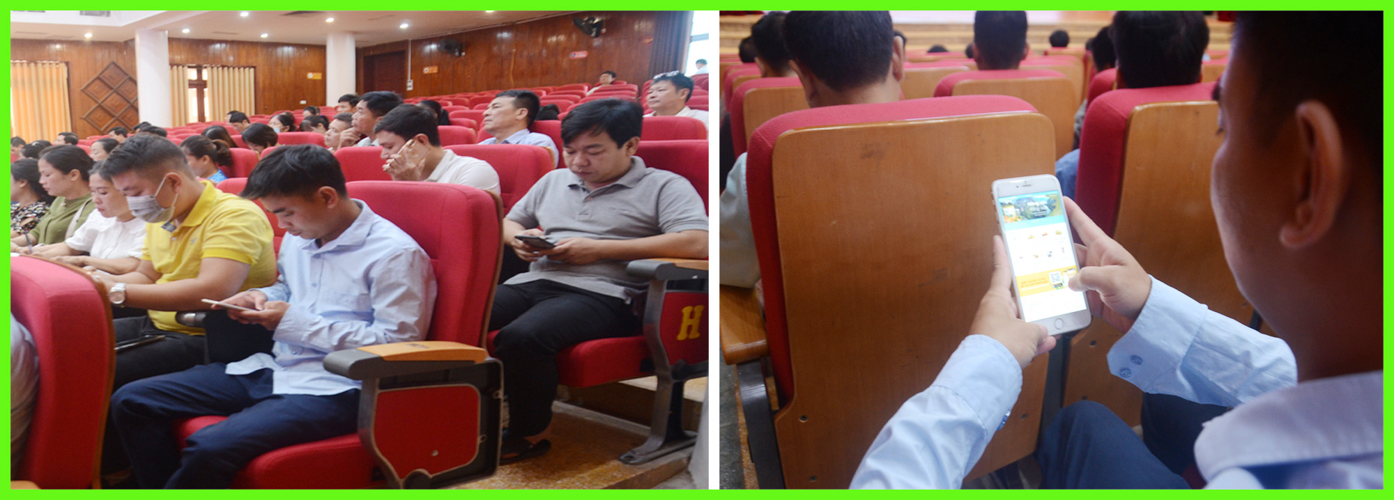 Đại biểu sử dụng điện thoại thông minh để lên sàn giao dịch thương mại điện tử.