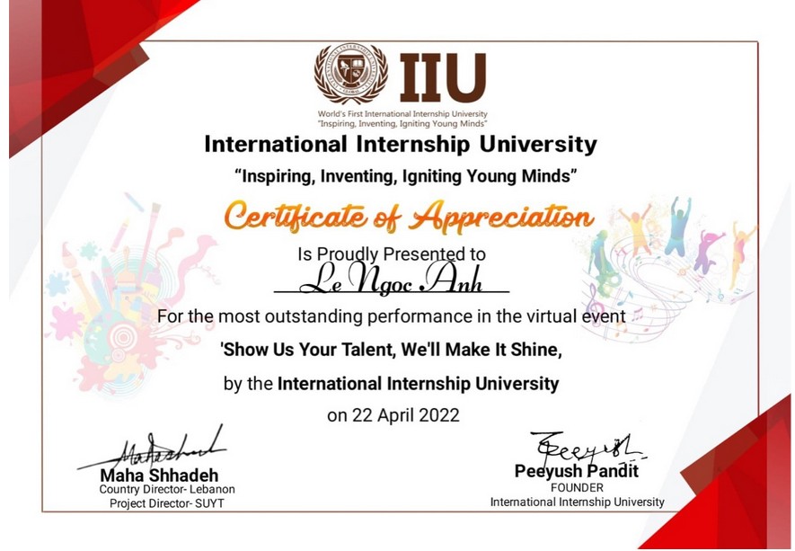 Lê Ngọc Anh, lớp 9C, Trường THCS Lê Quý Đôn nhận Giấy chứng nhận cho tiết mục “Nổi bật nhất”. Lê Ngọc Anh, lớp 9C, Trường THCS Lê Quý Đôn nhận Giấy chứng nhận cho tiết mục “Nổi bật nhất”.