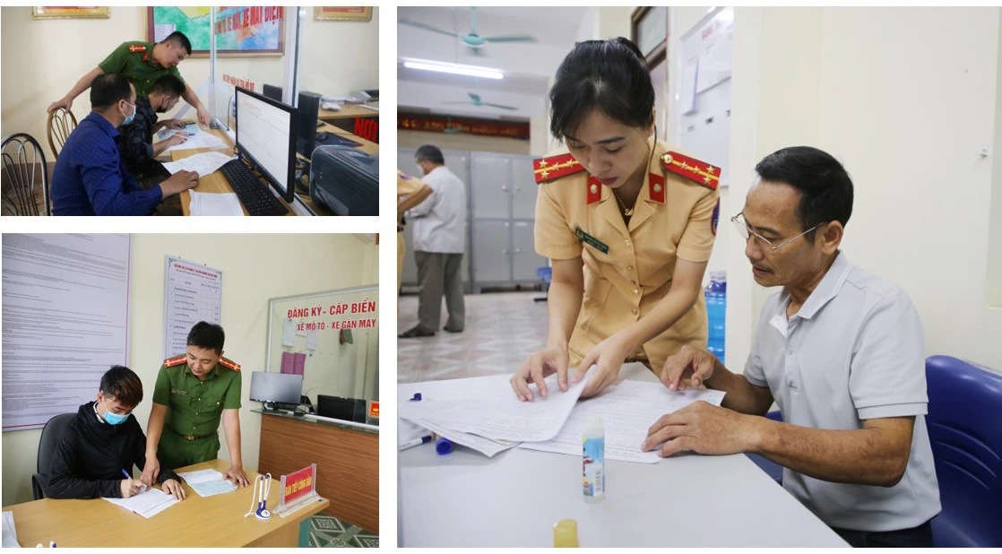 Lực lượng công an hướng dẫn công dân hoàn thiện thủ tục xin cấp biển số xe.