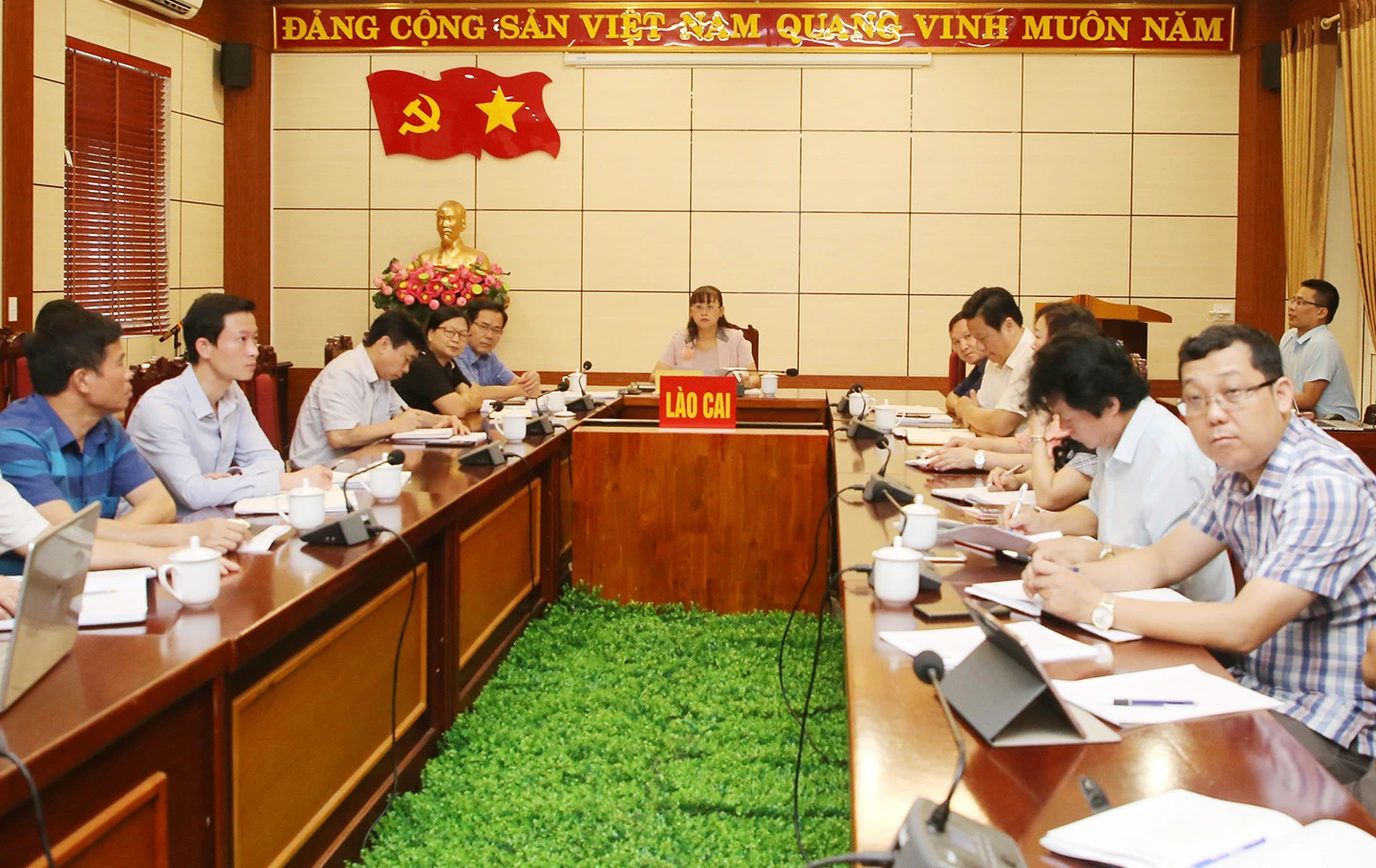 Quang cảnh hội nghị tại điểm cầu tỉnh Lào Cai.