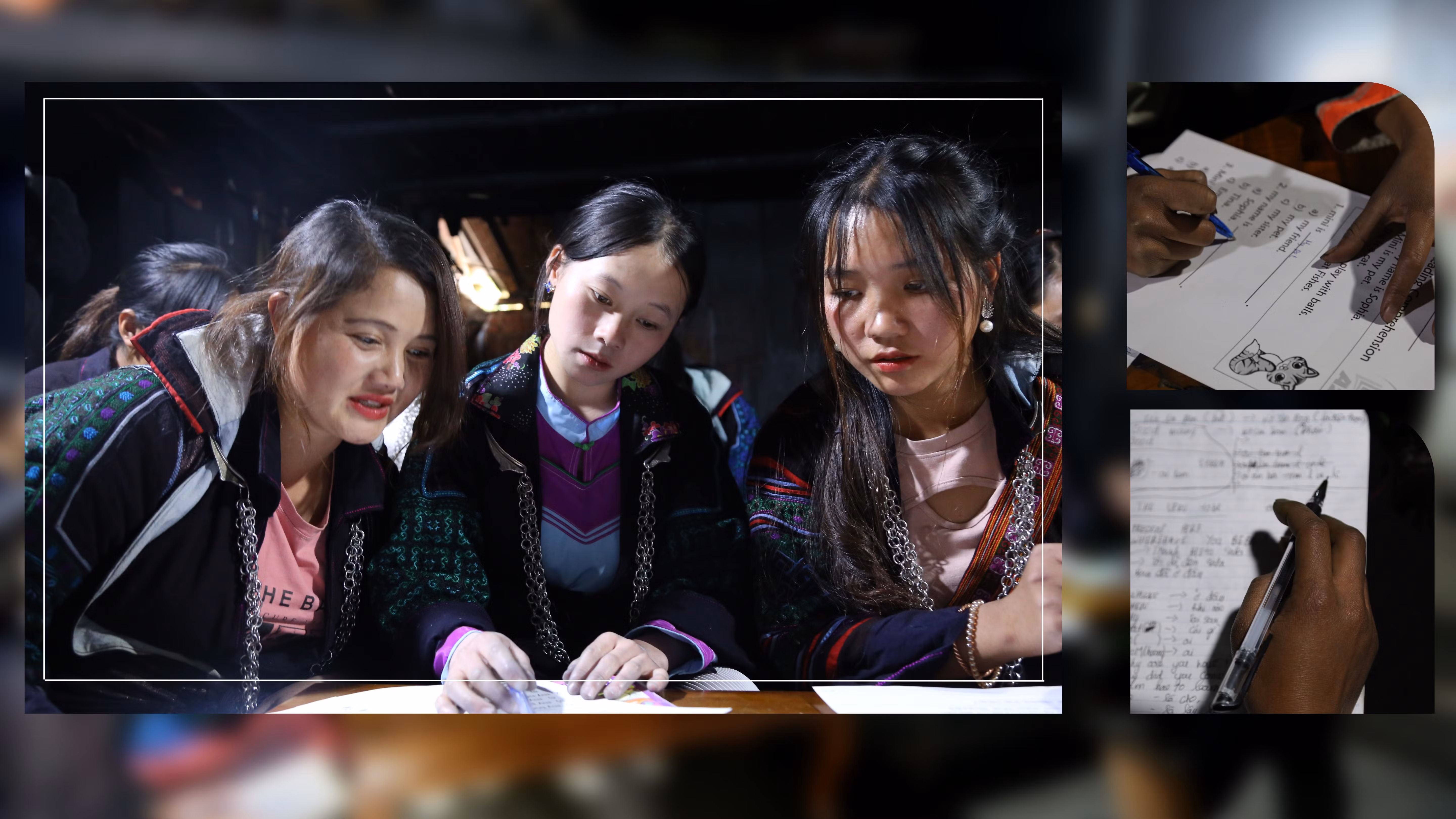 Những đôi bàn tay xanh màu chàm nắn nót từng nét chữ.