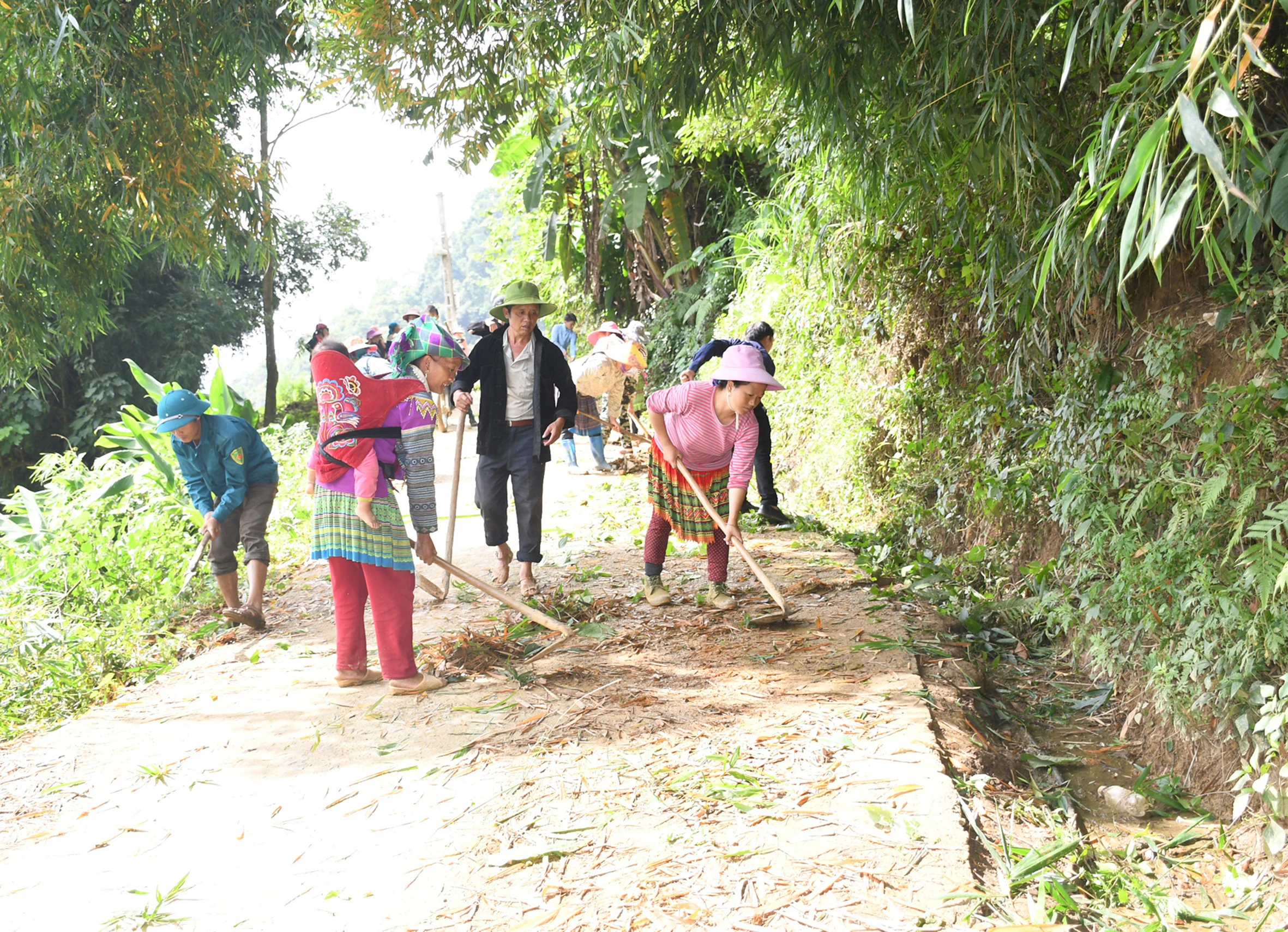 Người dân thường xuyên phát quang cây cỏ và quét dọn đường giao thông nông thôn.