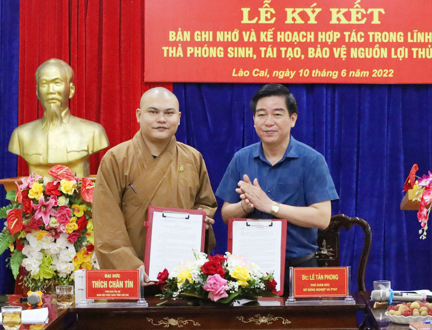 Sở Nông nghiệp và Phát triển nông thôn, Giáo hội Phật giáo Việt Nam tỉnh Lào Cai ký kết bản ghi nhớ, kế hoạch phối hợp lĩnh vực phóng sinh, tái tạo, bảo vệ nguồn lợi thủy sản trên địa bàn tỉnh Lào Cai. Sở Nông nghiệp và Phát triển nông thôn, Giáo hội Phật giáo Việt Nam tỉnh Lào Cai ký kết bản ghi nhớ, kế hoạch phối hợp lĩnh vực phóng sinh, tái tạo, bảo vệ nguồn lợi thủy sản trên địa bàn tỉnh Lào Cai.