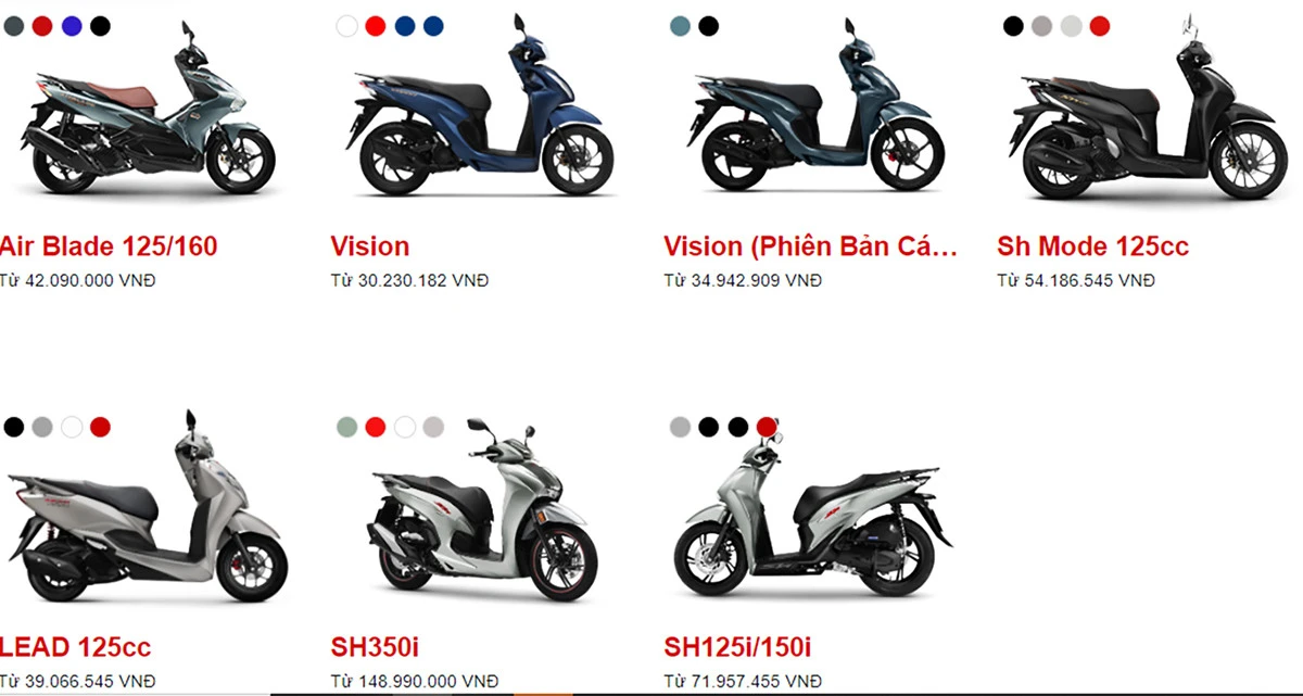 Giá đề xuất trên website Honda Việt Nam thấp hơn nhiều so với giá tại các đại lý, cửa hàng. Giá đề xuất trên website Honda Việt Nam thấp hơn nhiều so với giá tại các đại lý, cửa hàng.