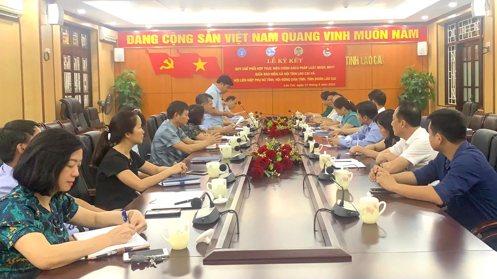 Phối hợp thực hiện chính sách pháp luật BHXH, BHYT giữa Bảo hiểm xã hội tỉnh và Hội Liên hiệp Phụ nữ, Hội Nông dân, Tỉnh đoàn Lào Cai. ảnh 1