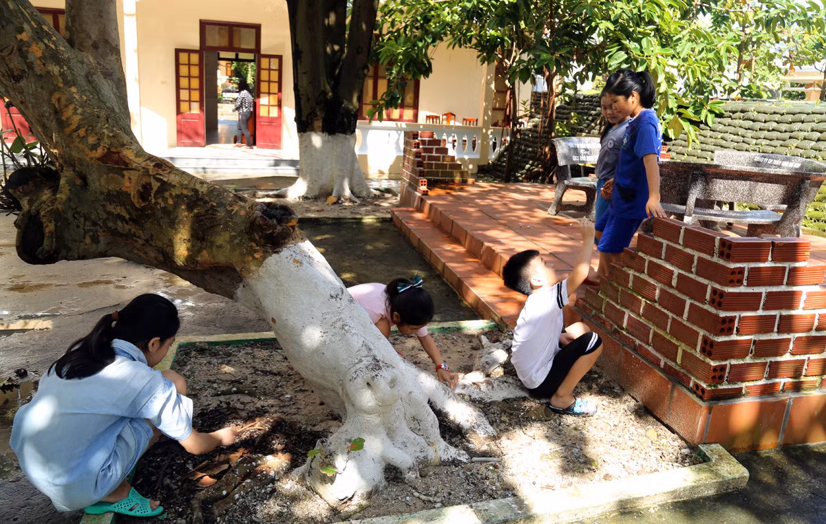 Các phóng viên trò chuyện với vợ chồng anh Huỳnh Đức Phong. Trẻ em trên đảo Sinh Tồn được vui chơi, học tập trong bầu không khí an bình.