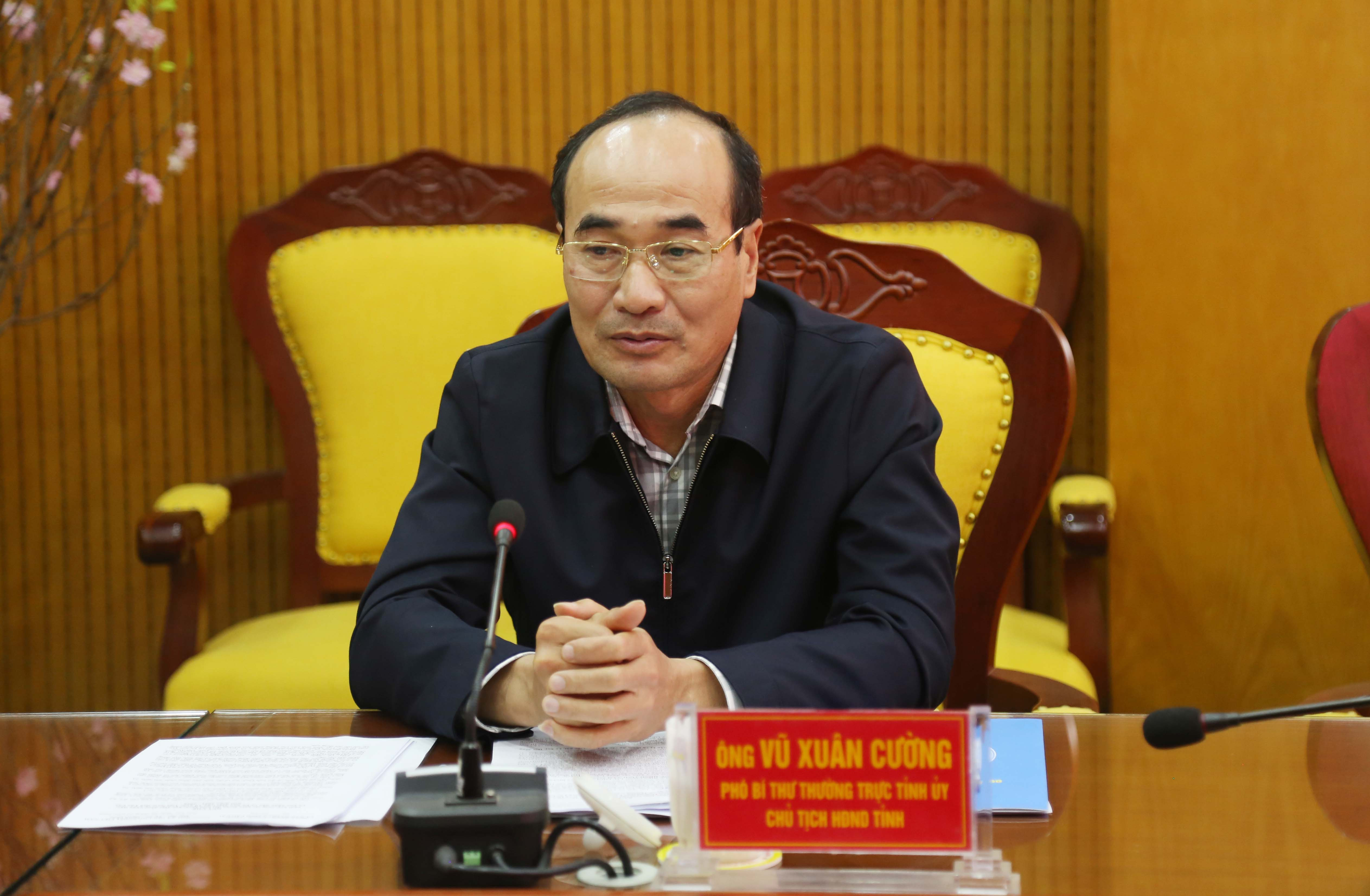 Phó Bí thư Thường trực Tỉnh ủy, Chủ tịch HĐND tỉnh Vũ Xuân Cường phát biểu tại hội nghị.