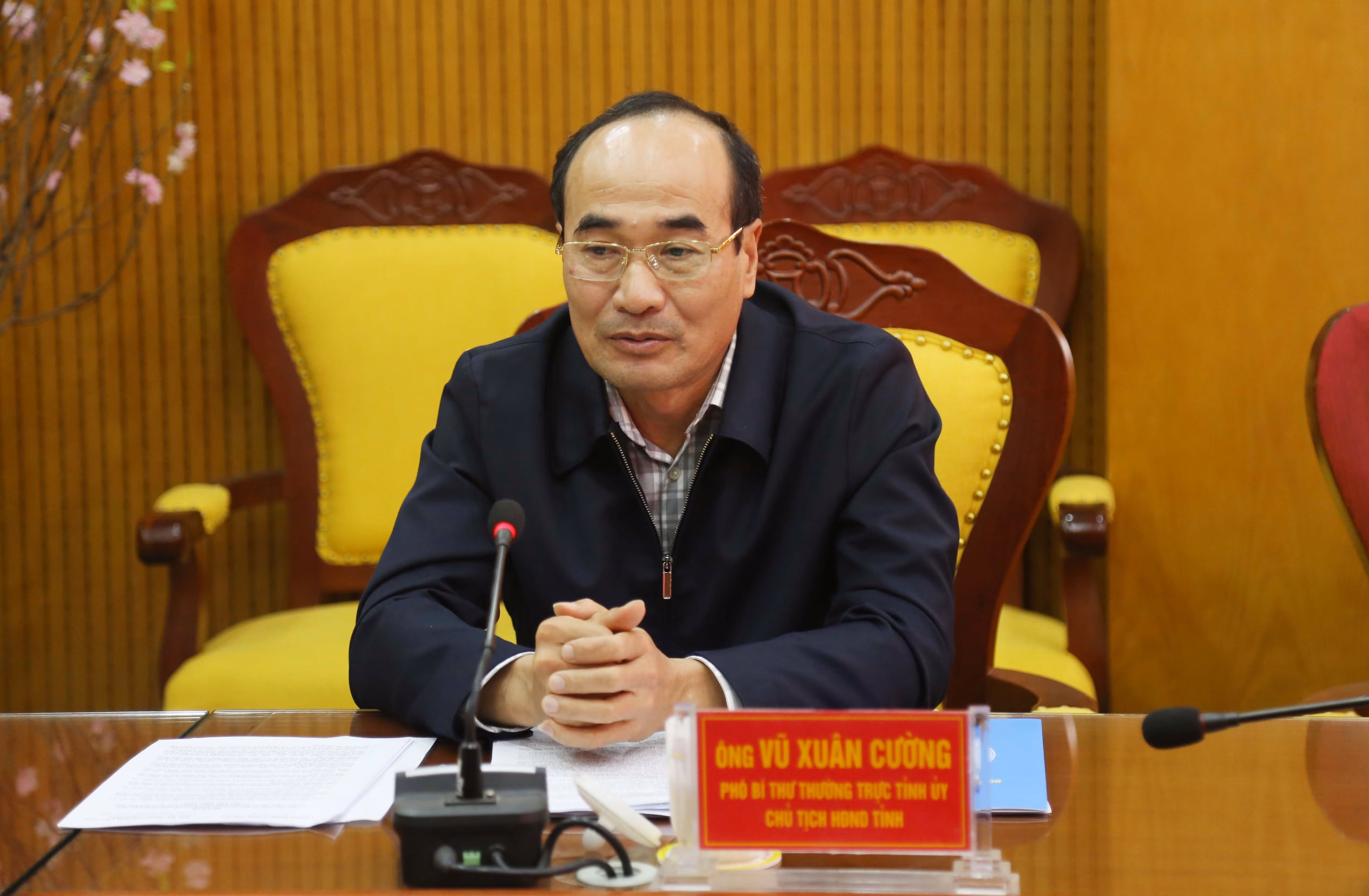 Phó Bí thư Thường trực Tỉnh ủy, Chủ tịch HĐND tỉnh Vũ Xuân Cường phát biểu tại hội nghị.