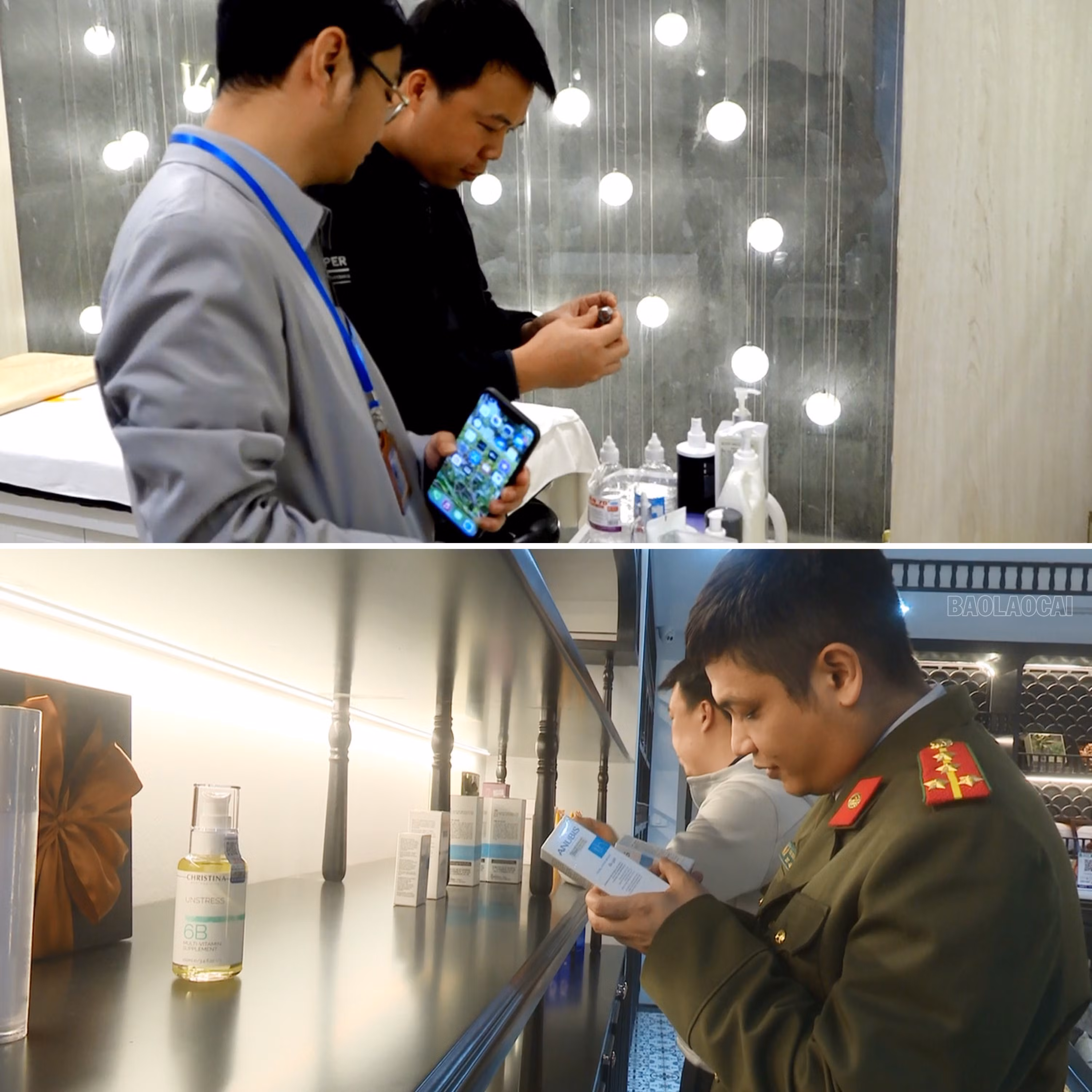 Cán bộ Đoàn liên ngành kiểm tra sản phẩm, dụng cụ được sử dụng tại các cơ sở thẩm mỹ.