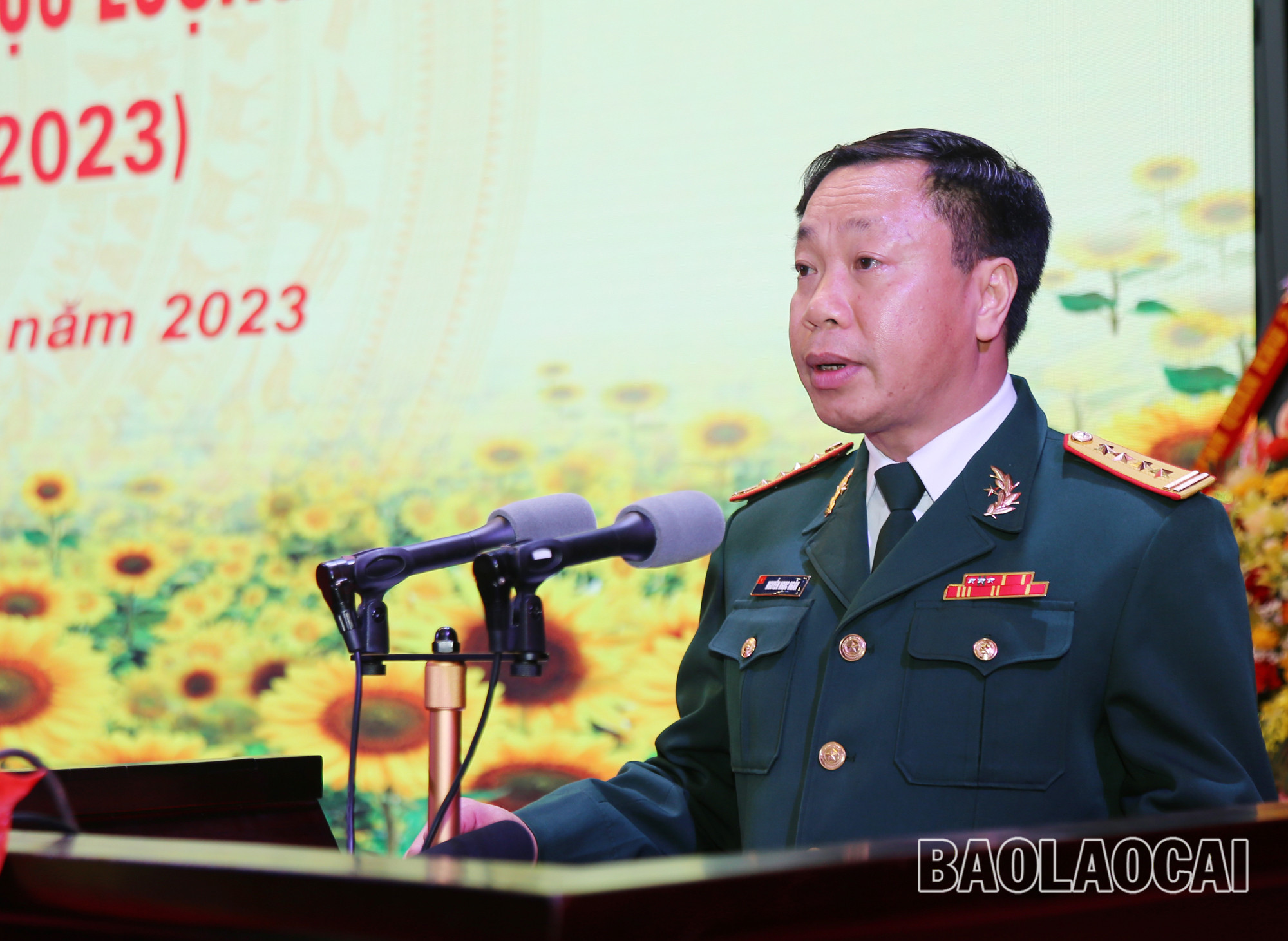 Đại tá Nguyễn Ngọc Ngân, Chính ủy Bộ Chỉ huy Quân sự tỉnh báo cáo một số kết quả nổi bật của LLVT tỉnh.