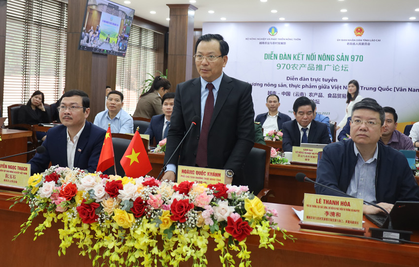 Đồng chí Hoàng Quốc Khánh, Phó Chủ tịch Thường trực UBND tỉnh Lào Cai phát biểu tại diễn đàn. Các đại biểu thảo luận ý kiến tại điểm cầu tỉnh Lào Cai.