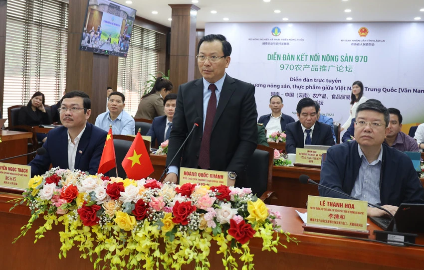 Đồng chí Hoàng Quốc Khánh, Phó Chủ tịch Thường trực UBND tỉnh Lào Cai phát biểu tại diễn đàn. Các đại biểu thảo luận ý kiến tại điểm cầu tỉnh Lào Cai.