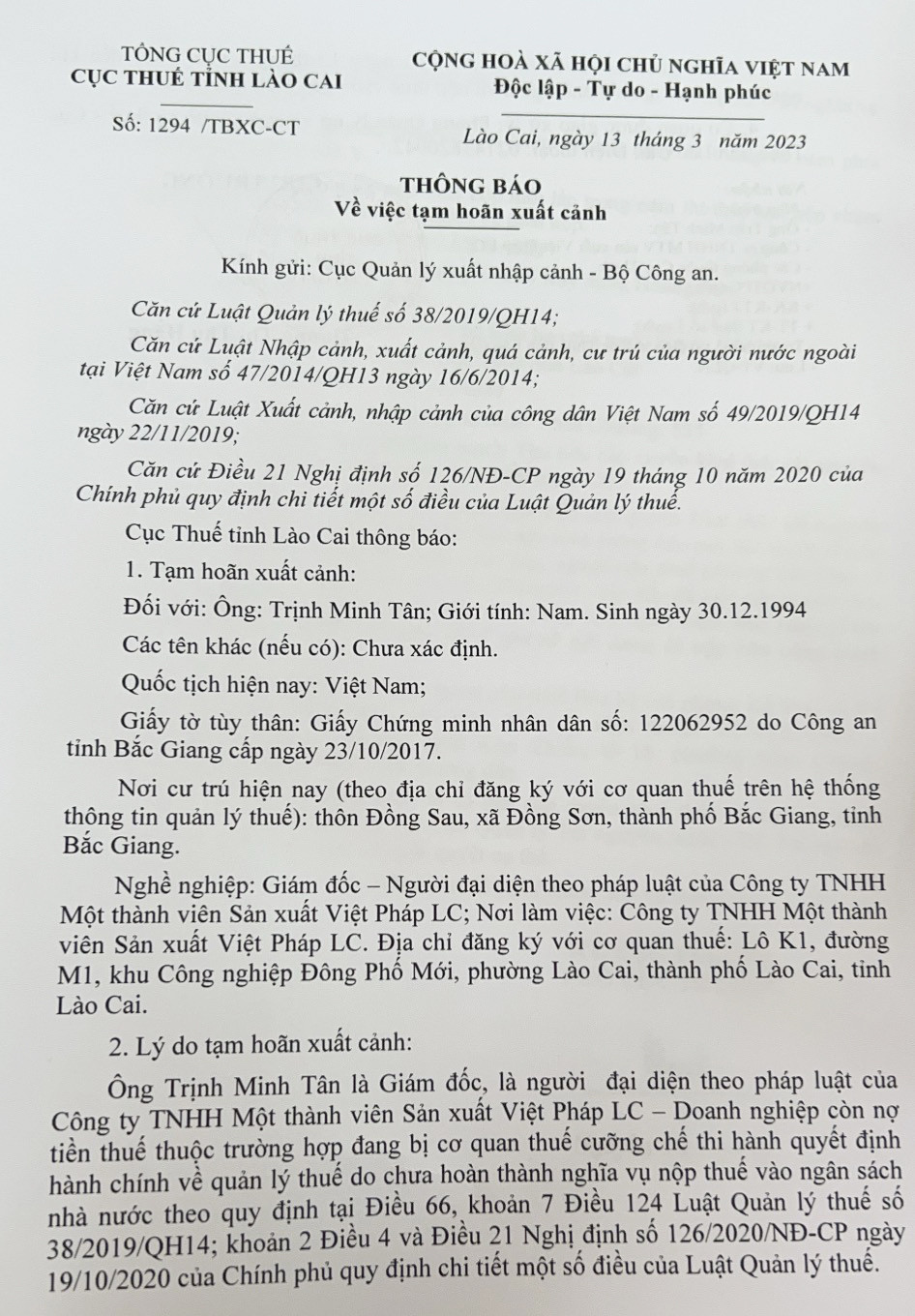 Một số giám đốc doanh nghiệp, hợp tác xã bị đề nghị tạm hoãn xuất cảnh do không hoàn thành nghĩa vụ thuế ảnh 1 Một số giám đốc doanh nghiệp, hợp tác xã bị đề nghị tạm hoãn xuất cảnh do không hoàn thành nghĩa vụ thuế ảnh 1