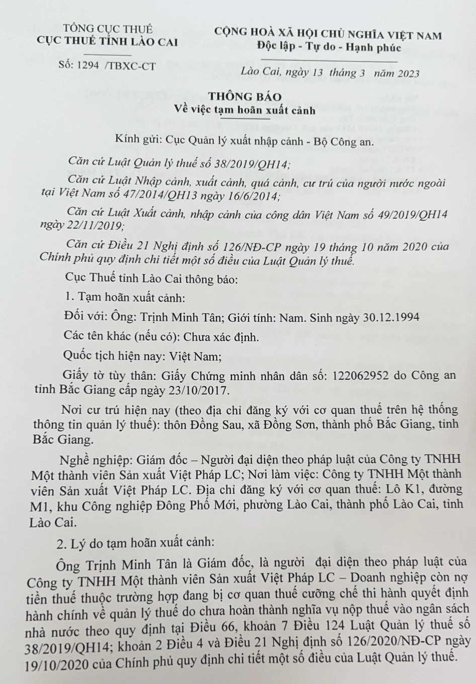 Một số giám đốc doanh nghiệp, hợp tác xã bị đề nghị tạm hoãn xuất cảnh do không hoàn thành nghĩa vụ thuế ảnh 1 Một số giám đốc doanh nghiệp, hợp tác xã bị đề nghị tạm hoãn xuất cảnh do không hoàn thành nghĩa vụ thuế ảnh 1