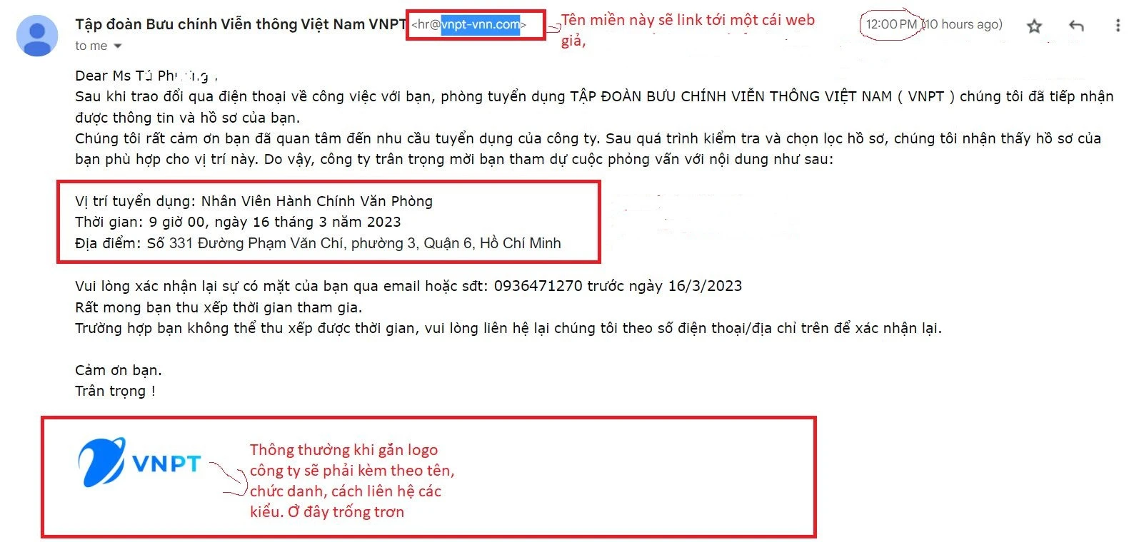 Mail tuyển dụng mạo nhận doanh nghiệp lớn để lừa đảo.