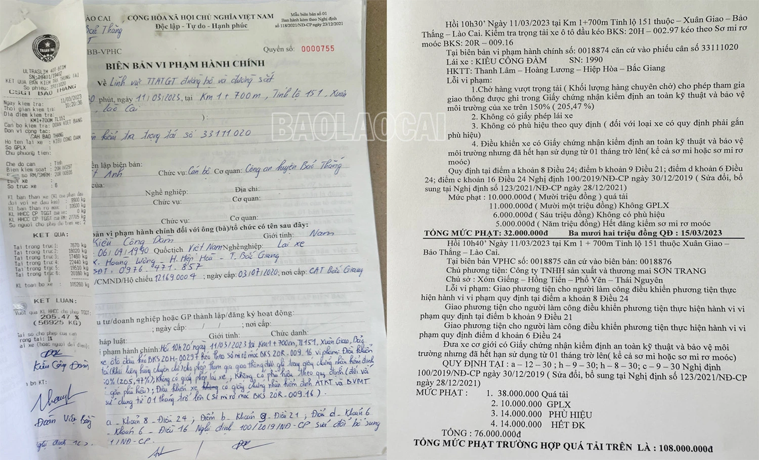 Xử phạt vi phạm hành chính đối với xe ô tô chở vượt quá 205,47% trọng tải cho phép.