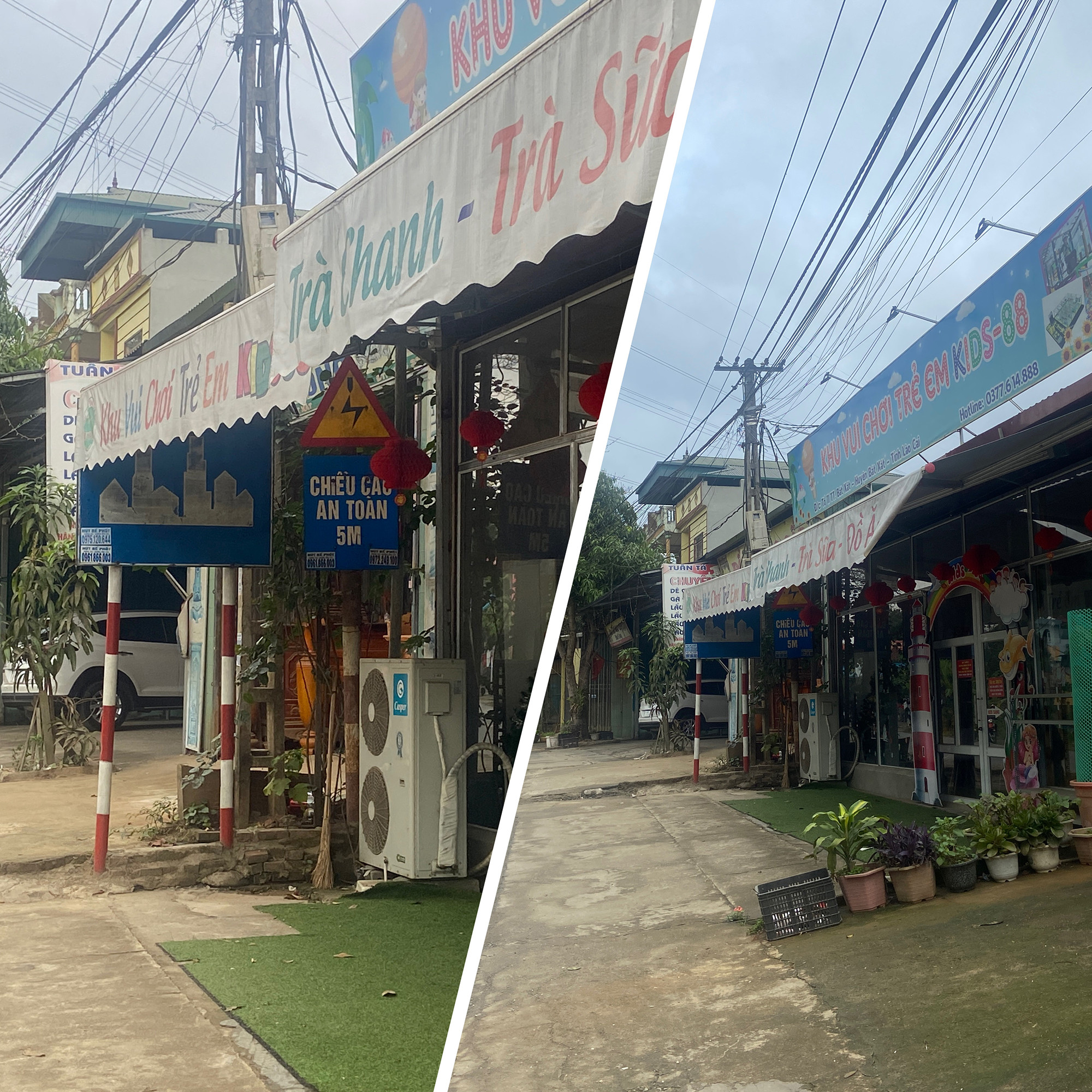 Mái bạt che kín cả biển báo hiệu khu đô thị và báo hiệu an toàn đường điện tại thị trấn Bát Xát.