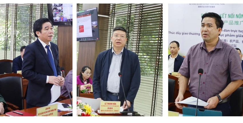 Đồng chí Hoàng Quốc Khánh, Phó Chủ tịch Thường trực UBND tỉnh Lào Cai phát biểu tại diễn đàn. Các đại biểu thảo luận ý kiến tại điểm cầu tỉnh Lào Cai.