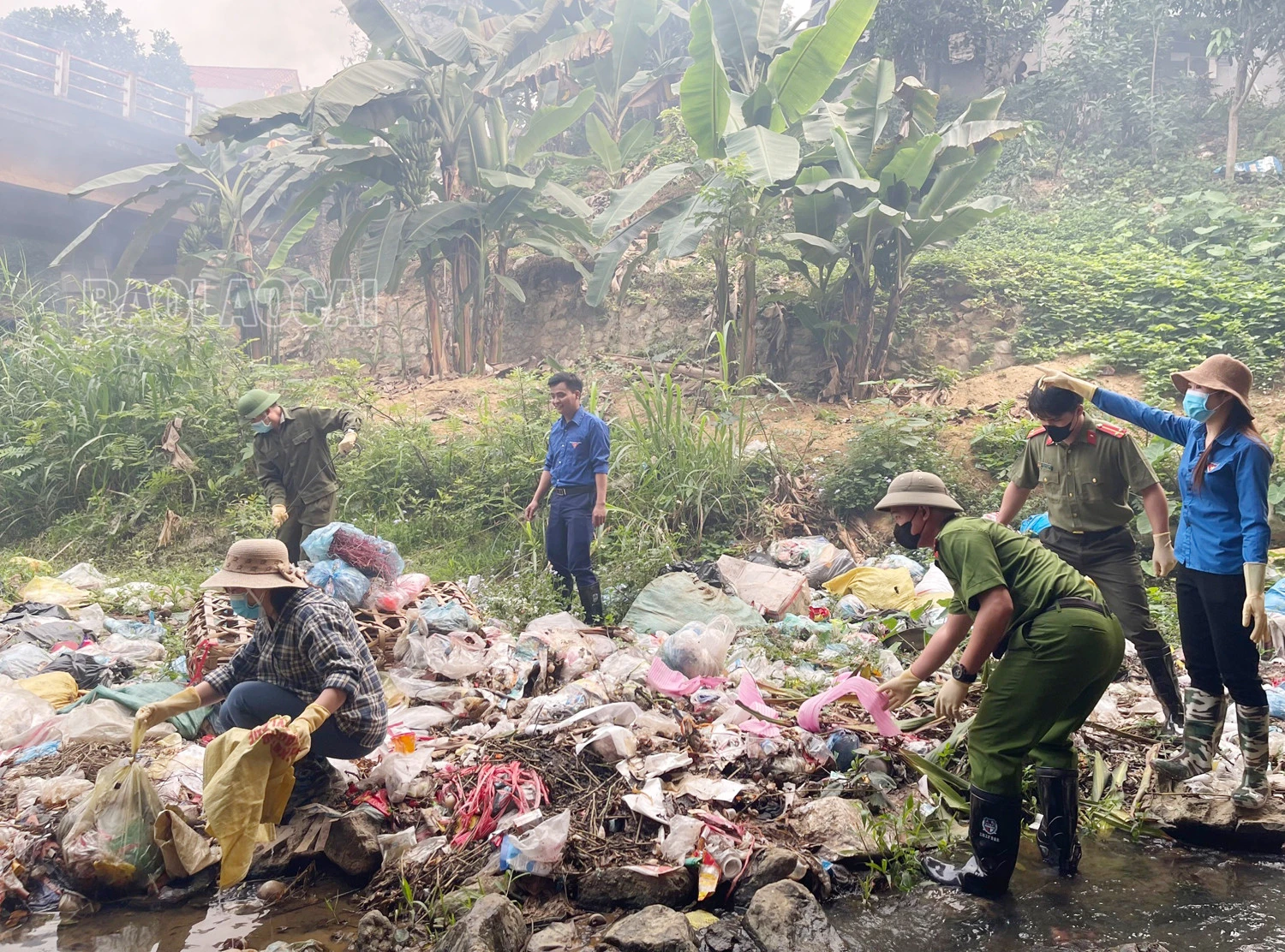 Cán bộ và Nhân dân tham gia thu gom rác thải tại các suối. Thu gom, vận chuyển rác đến nơi xử lý.