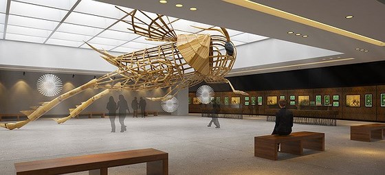 Dế mèn khổng lồ bằng mây, tre dài 15m, cao 4,5m trong tư thế bật nhảy. Dế mèn khổng lồ bằng mây, tre dài 15m, cao 4,5m trong tư thế bật nhảy.