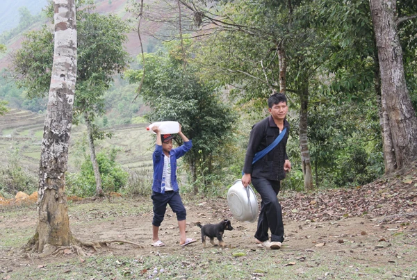 Người Hà Nhì, xã Nậm Pung dắt chó đến khu rừng để hành lễ cấm bản.