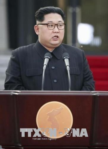 Nhà lãnh đạo Triều Tiên Kim Jong-un phát biểu sau lễ ký Tuyên bố chung với Tổng thống Hàn Quốc Moon Jae-in tại cuộc gặp ở làng đình chiến Panmunjeom ngày 27/4.