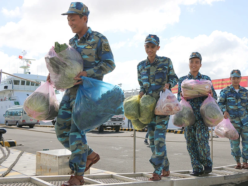 Chuyển thực phẩm tươi sống lên tàu Kiểm ngư 490. Lá dong mang hương vị Tết từ đất liền. Những thùng quà Tết đầu tiên đến đảo Song Tử Tây. Cán bộ, chiến sỹ đảo Song Tử Tây thích thú với những cây quất cảnh được mang ra từ đất liền. Vận chuyển lợn sống lên tàu, đảm bảo nguồn thịt cho cán bộ, chiến sỹ trong dịp Tết. Ti vi giúp cán bộ, chiến sỹ thư giãn, cập nhật thông tin sau những giờ huấn luyện. Tặng quà Tết người dân trên đảo Song Tử Tây. Vận chuyển quà Tết bằng xuồng cao tốc lên đảo chìm Đá Nam. Do điều kiện sóng lớn, đoàn công tác phải dùng xuồng cao tốc để đưa người và chuyển quà lên các đảo. Vận chuyển cây cảnh xuống xuồng, di chuyển vào đảo Nam Yết. Lãnh đạo Lữ đoàn 146, Vùng 4 Hải quân trao quà của Bộ Quốc phòng cho cán bộ, chiến sỹ đảo Nam Yết. Công an tỉnh Ninh Thuận tặng xe đạp cho cán bộ, chiến sỹ đảo Sơn Ca. Những lá thư từ đất liền là“liều thuốc tinh thần” động viên cán bộ, chiến sỹ Trường Sa vượt qua mọi khó khăn.