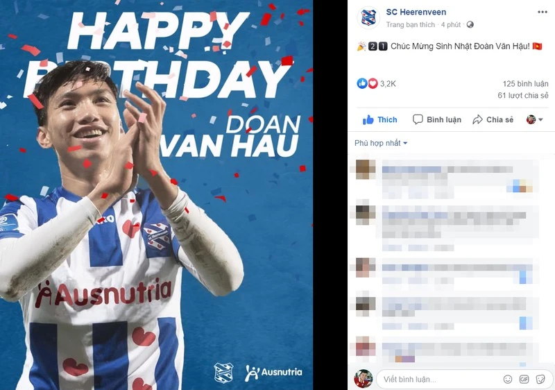 SC Heerenveen chúc mừng sinh nhật Văn Hậu.