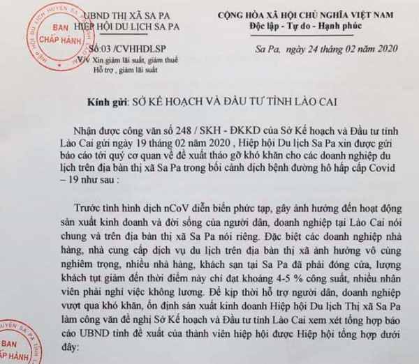 Văn bản gửi cơ quan chức năng của Hiệp hội Du lịch Sa Pa.