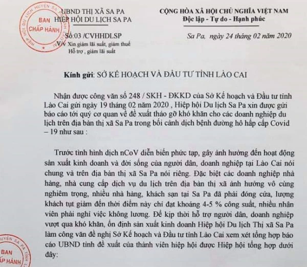 Văn bản gửi cơ quan chức năng của Hiệp hội Du lịch Sa Pa.