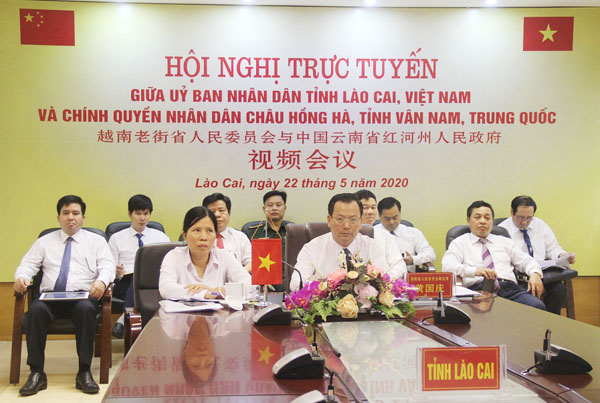 Quang cảnh hội nghị tại điểm cầu tỉnh Lào Cai.