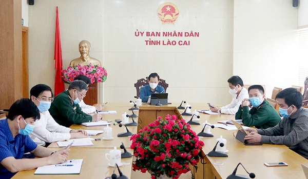 Quang cảnh hội nghị tại điểm cầu Lào Cai.