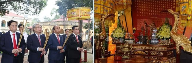 Lãnh đạo Đảng, Nhà nước đặt vòng hoa, dâng hương tưởng niệm các Anh hùng liệt sỹ. Thủ tướng Nguyễn Xuân Phúc và các đồng chí lãnh đạo Đảng, Nhà nước dâng hương tại Điện Kính Thiên, Hoàng thành Thăng Long.