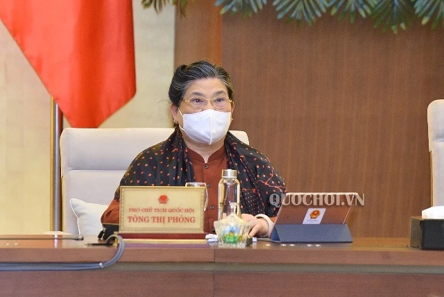 Phó Chủ tịch Thường trực Quốc hội Tòng Thị Phóng phát biểu ý kiến tại phiên họp.