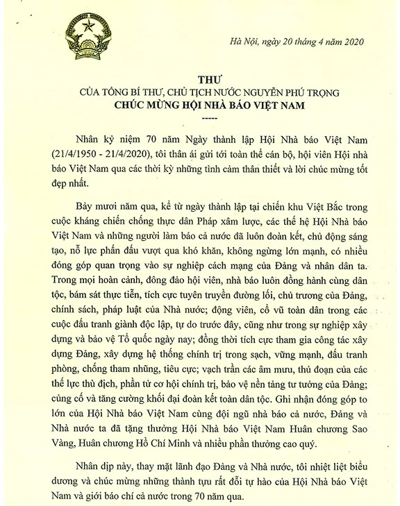 Thư của Tổng Bí thư, Chủ tịch nước Nguyễn Phú Trọng chúc mừng Hội Nhà báo Việt Nam.