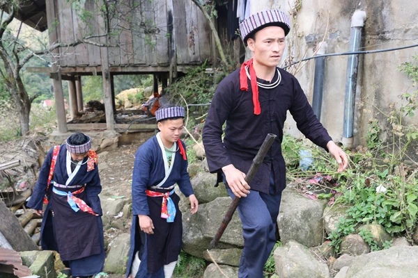 Trước ngày cưới, ông mối dẫn đầu đoàn nhà trai, tay cầm sáo vầu đến nhà gái làm lễ ăn hỏi. Tục mời thuốc lào của nhà gái trong lễ ăn hỏi. Ngày cưới, đoàn đón dâu đến nhà gái từ chiều hôm trước để thưa chuyện, ngủ lại đó một đêm, đến trưa hôm sau xin phép đón dâu. Sính lễ hỏi vợ của nhà trai mang đến nhà gái trong đó có gạo. Theo phong tục dân tộc Mông xanh, khi đến đón dâu, mặt chú rể được bôi phẩm màu. Cô dâu trùm vải đen kín đầu được chị gái chú rể dắt tay về nhà chồng. Cô dâu Lý Thị Viện và chú rể Vàng A Trứ trong ngày cưới.