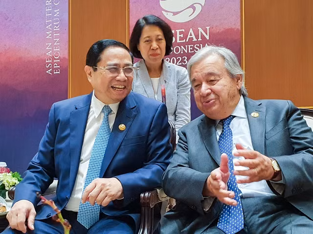 Thủ tướng Phạm Minh Chính và Tổng Thư ký Liên Hợp Quốc António Guterres tại hội nghị.