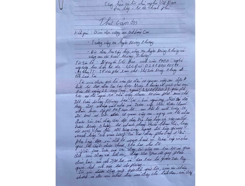 Thư cảm ơn của gia đình chị Nguyễn Thị Đào gửi Công an huyện Mường Khương.jpg