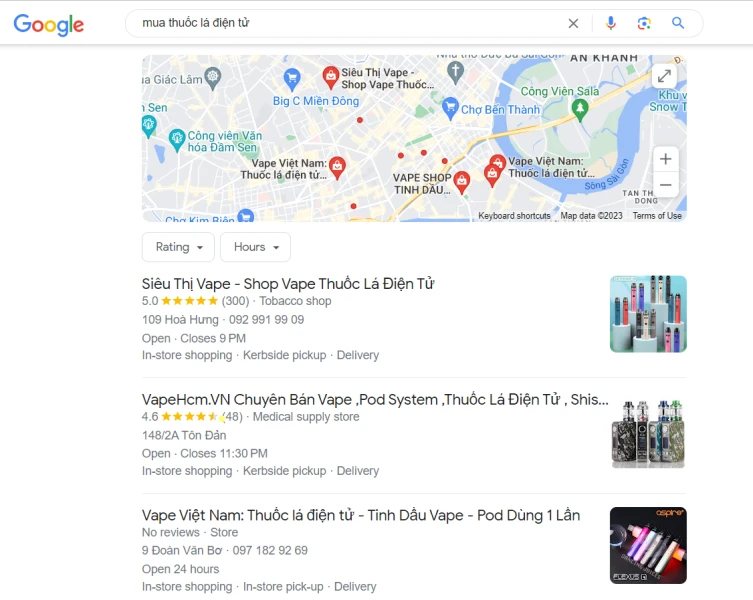 Không thiếu những nơi bán thuốc lá điện tử hàng lậu nhưng lại công khai, công bố địa chỉ và hiện rõ trên Google Map.