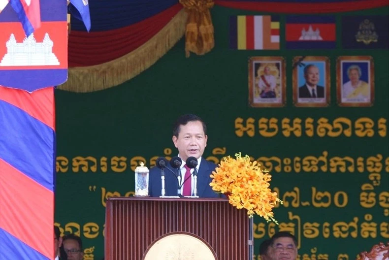 Thủ tướng Vương quốc Campuchia Samdech Moha Bovor Thipadei Hun Manet đọc diễn văn tại lễ kỷ niệm.