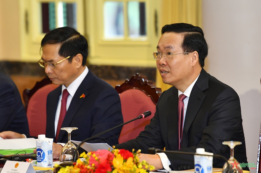 Chủ tịch nước Võ Văn Thưởng phát biểu tại hội đàm. Chủ tịch nước Võ Văn Thưởng phát biểu tại hội đàm.