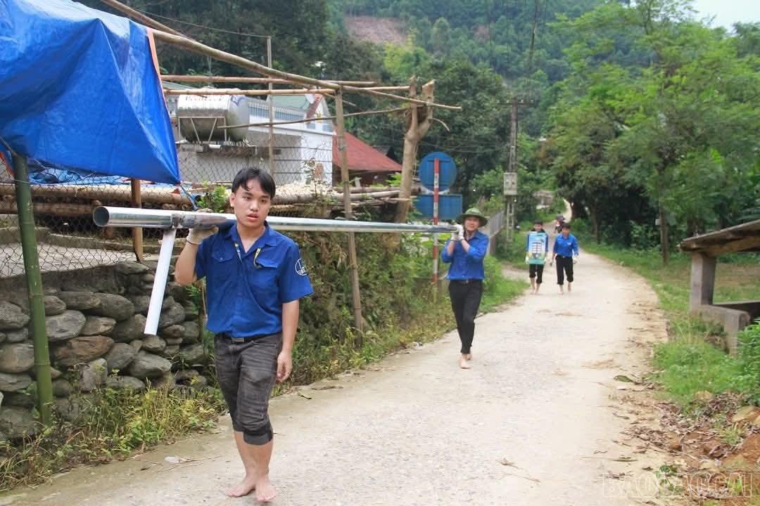 Đoàn viên, thanh niên 2 đơn vị vận chuyển vật liệu xây dựng công trình thắp sáng đường quê. baolaocai-br_fb-img-1752742702917.jpg