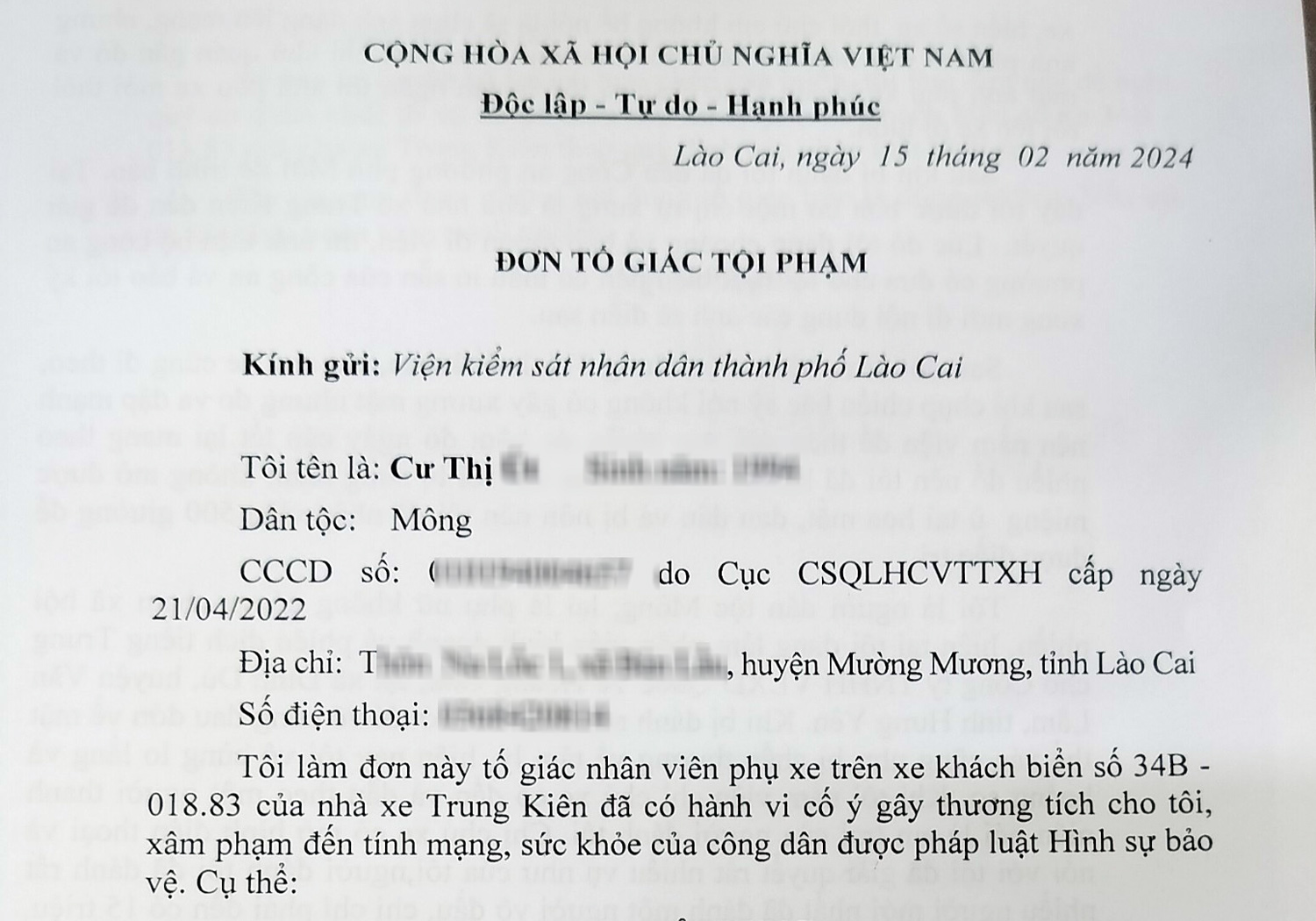Chị Cư Thị U đã gửi đơn tố giác tội phạm đến Viện Kiểm sát nhân dân thành phố Lào Cai. A4.jpg