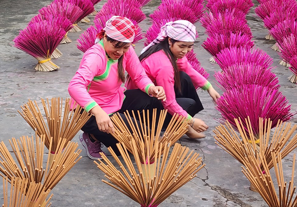 Hương sau khi được lên bột tròn đều và đẹp sẽ được mang phơi khô và bó 50 nén một nắm. a9-9381.jpg