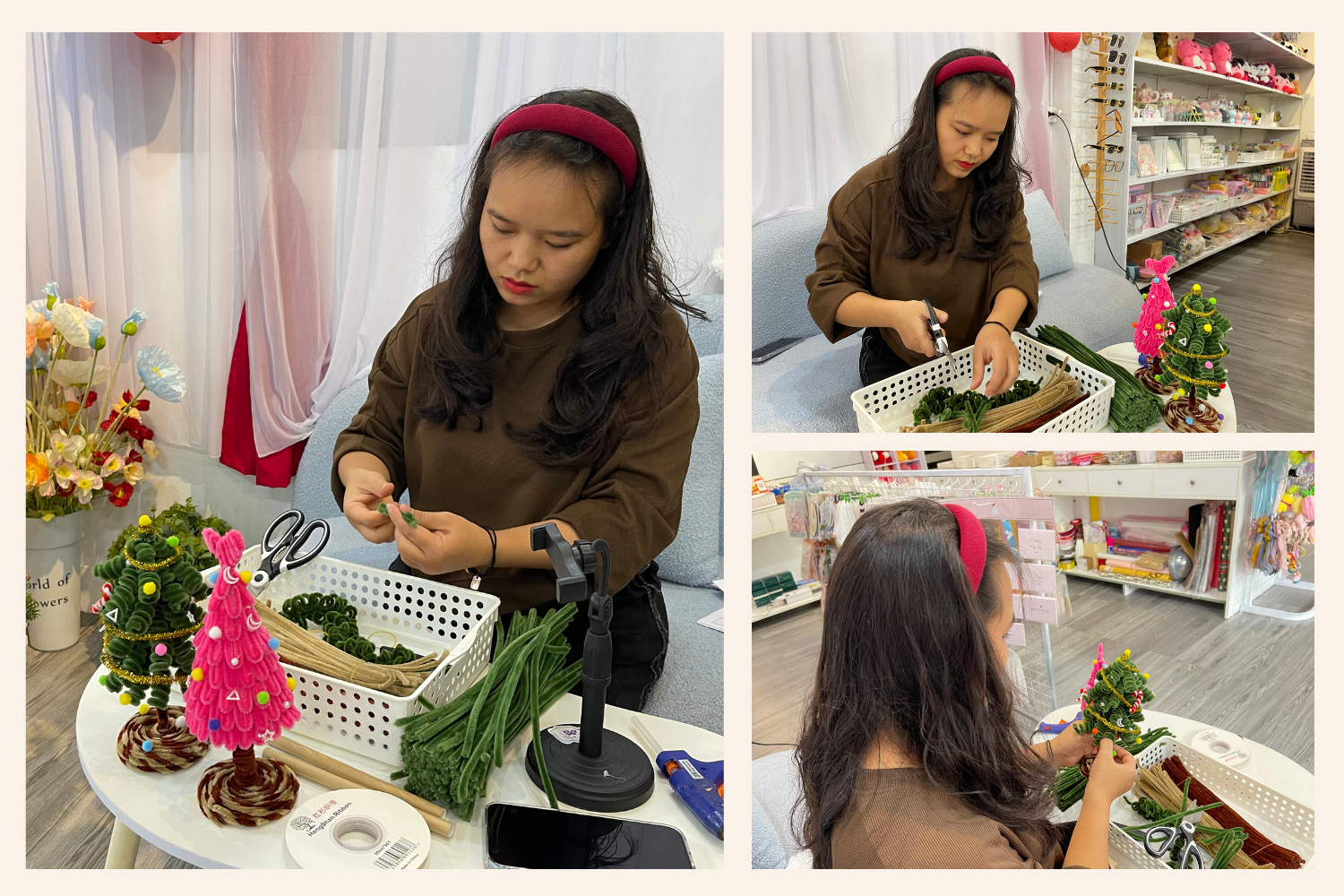 Với cây thông Noel làm từ kẽm nhung, người làm có thể thoải mái sáng tạo để tạo ra những sản phẩm độc đáo và lạ mắt. 5-1680.png