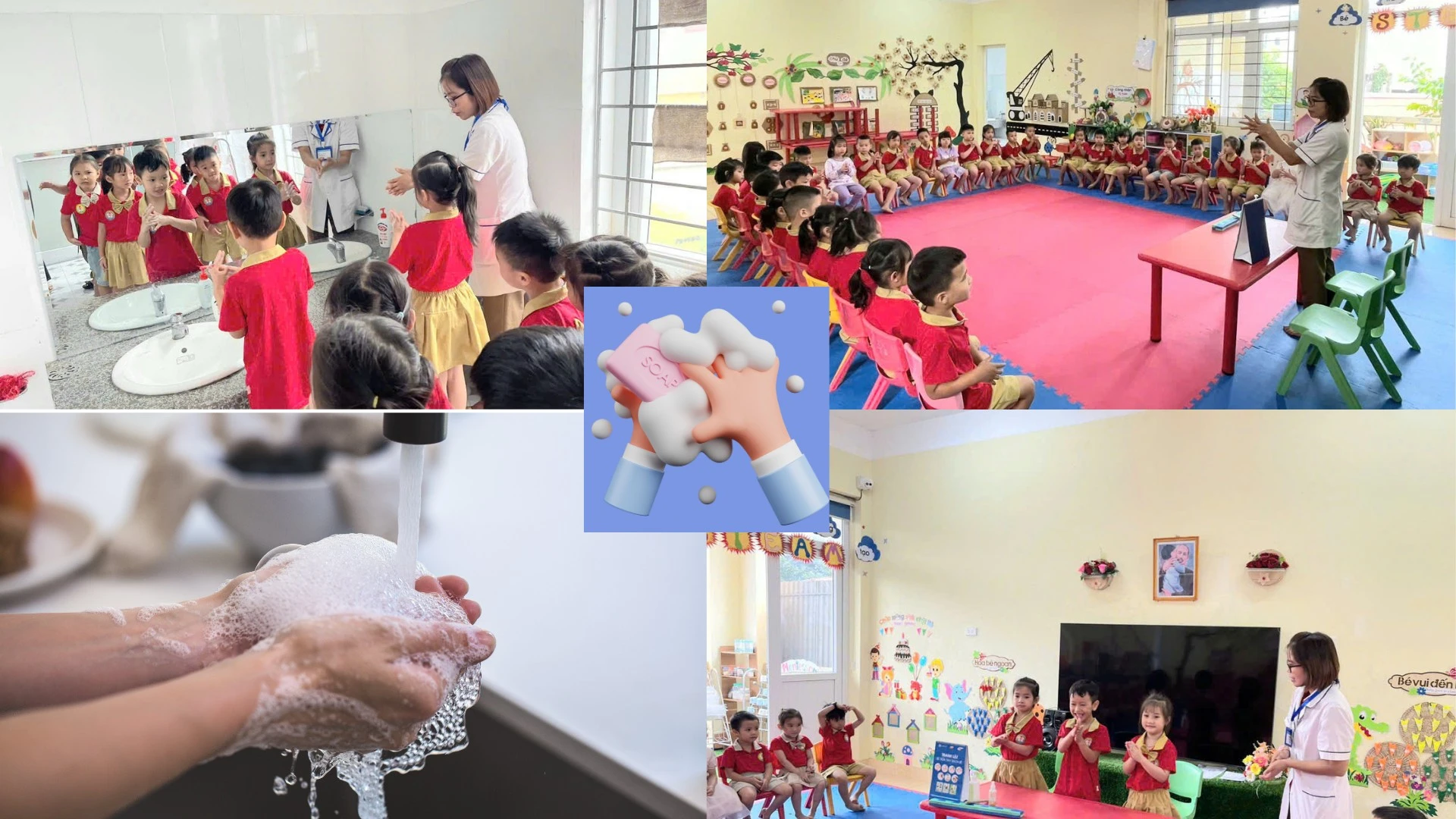 Hướng dẫn trẻ mầm non các bước rửa tay theo tiêu chuẩn của Bộ Y tế.