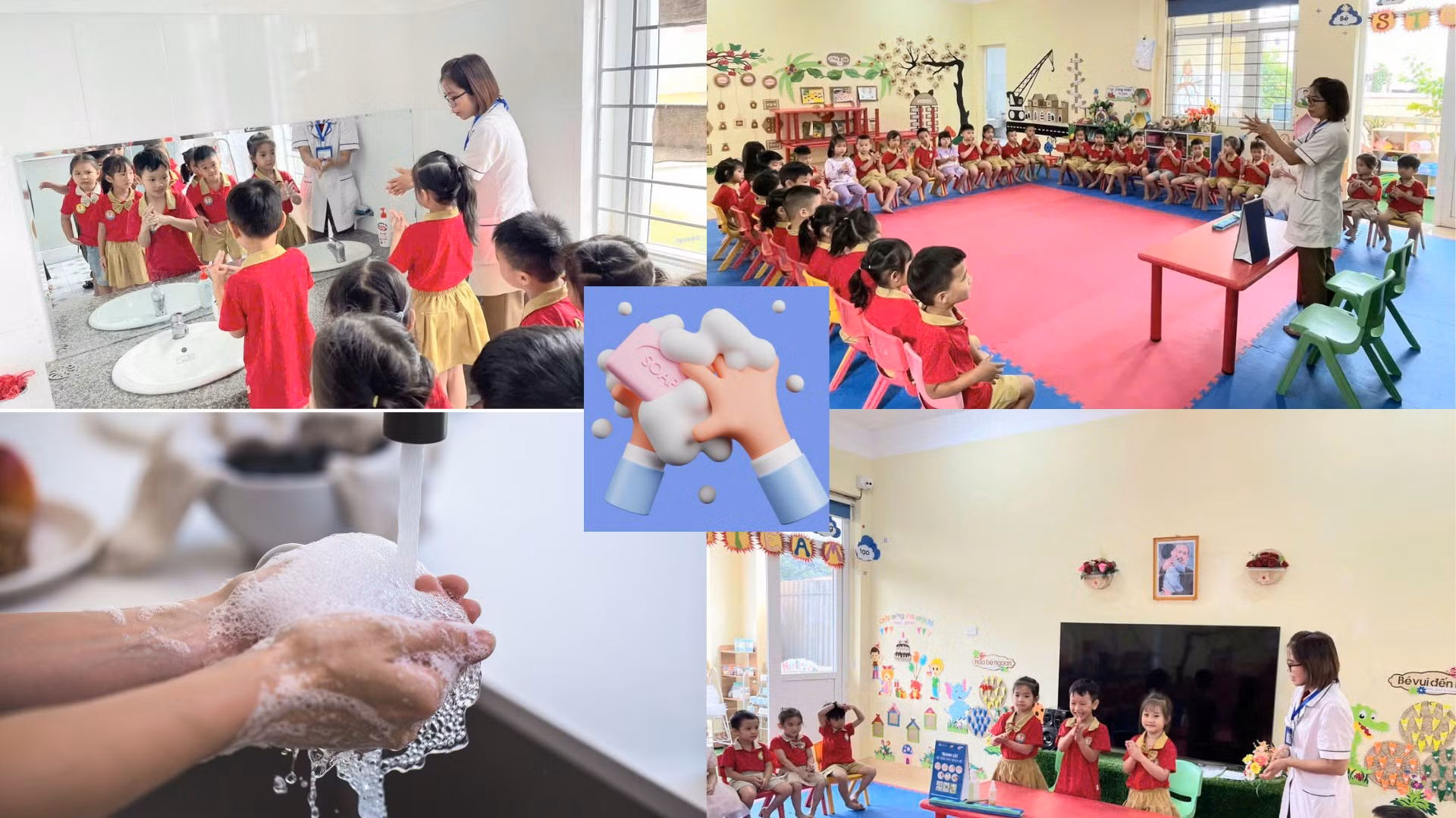 Hướng dẫn trẻ mầm non các bước rửa tay theo tiêu chuẩn của Bộ Y tế.